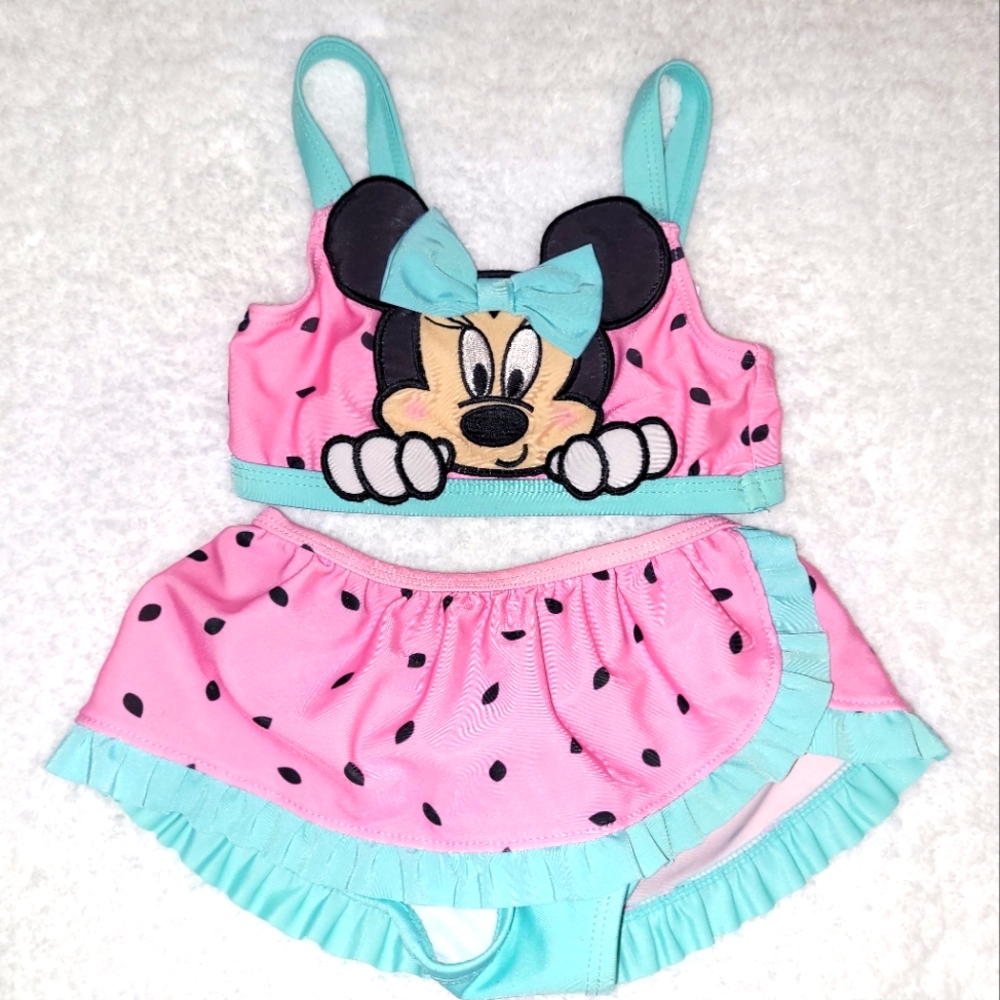 👙 Disney Store Minnie Mouse Pink Aqua Toddler Girls 2 Piece Swimsuit Set 12-18